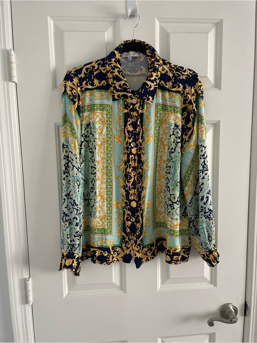 Rachel Zoe Navy, Mint & Gold Baroque Print Blouse